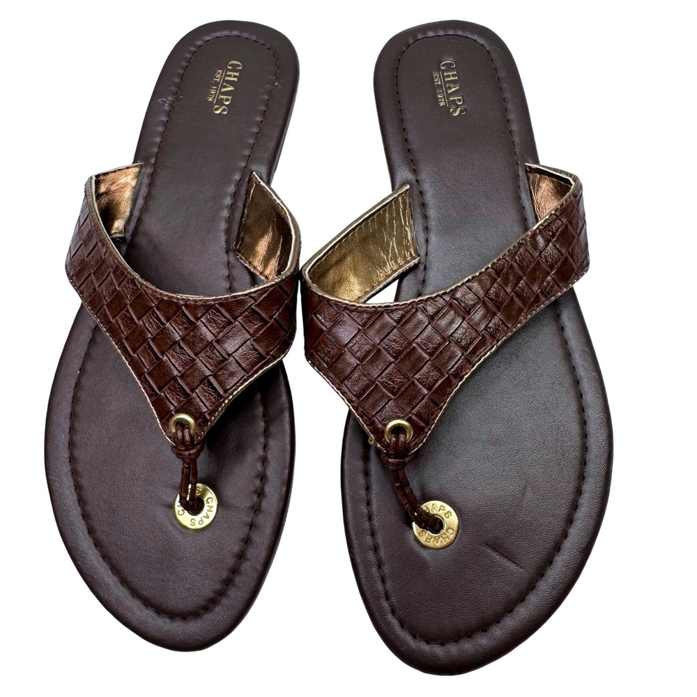 Chaps Thong Sandals Womens Size L 9-10 Brown Woven Faux Leather Flat classic